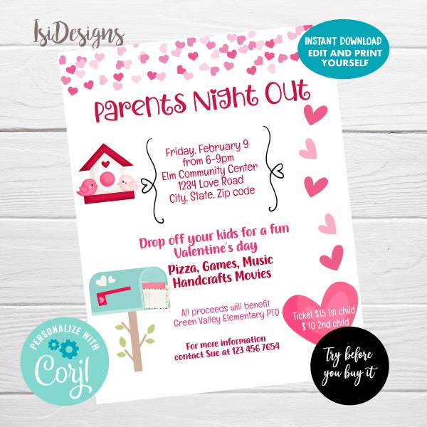 EDITABLE Parents Night Out Flyer, February PTA / PTO Fundraiser Event, Valentine's Day Fundraiser Flyer Template, Instant Download