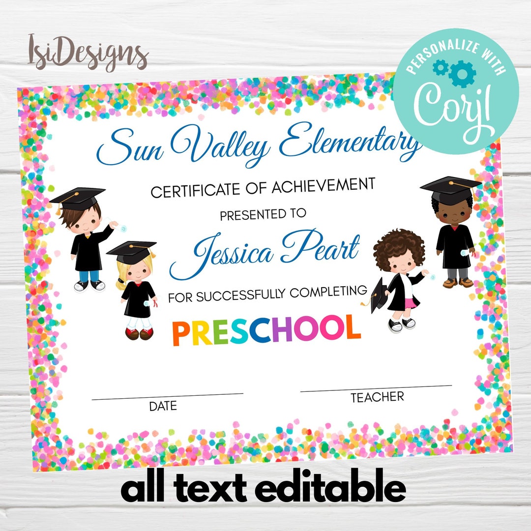 Preschool Graduation Editable Certificate, Instant Download, Printable