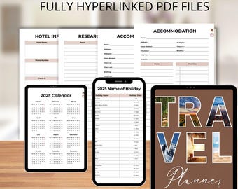 May include: A digital travel planner with a brown background and the text "TRAVEL PLANNER" in white letters. The planner includes a calendar, a list for holidays, and a section for accommodation details.