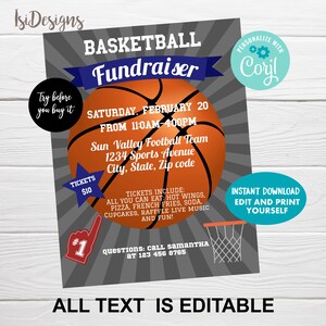 Op de afbeelding: Een printbare flyer voor een basketbal-fondsenwerver. De flyer is grijs met oranje en blauwe accenten. Hij bevat een basketbal, een basketbalring en de tekst "Basketball Fundraiser". De flyer bevat de datum, tijd, locatie en contactgegevens voor het evenement. De tekst "All Text Is Editable" staat onderaan de flyer.