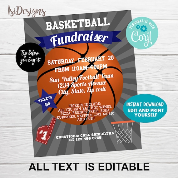 Basketball Fundraiser Editable Flyer, School Benefit Tournament Poster, Instant Download
