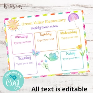 Kids Lunch Planner, Editable Weekly Menu, Lunch Menu for Kids ...