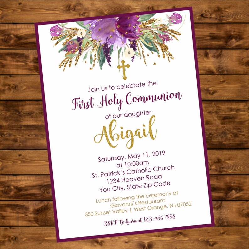 First Holy Communion Invite Printable Floral Purple And Gold Etsy