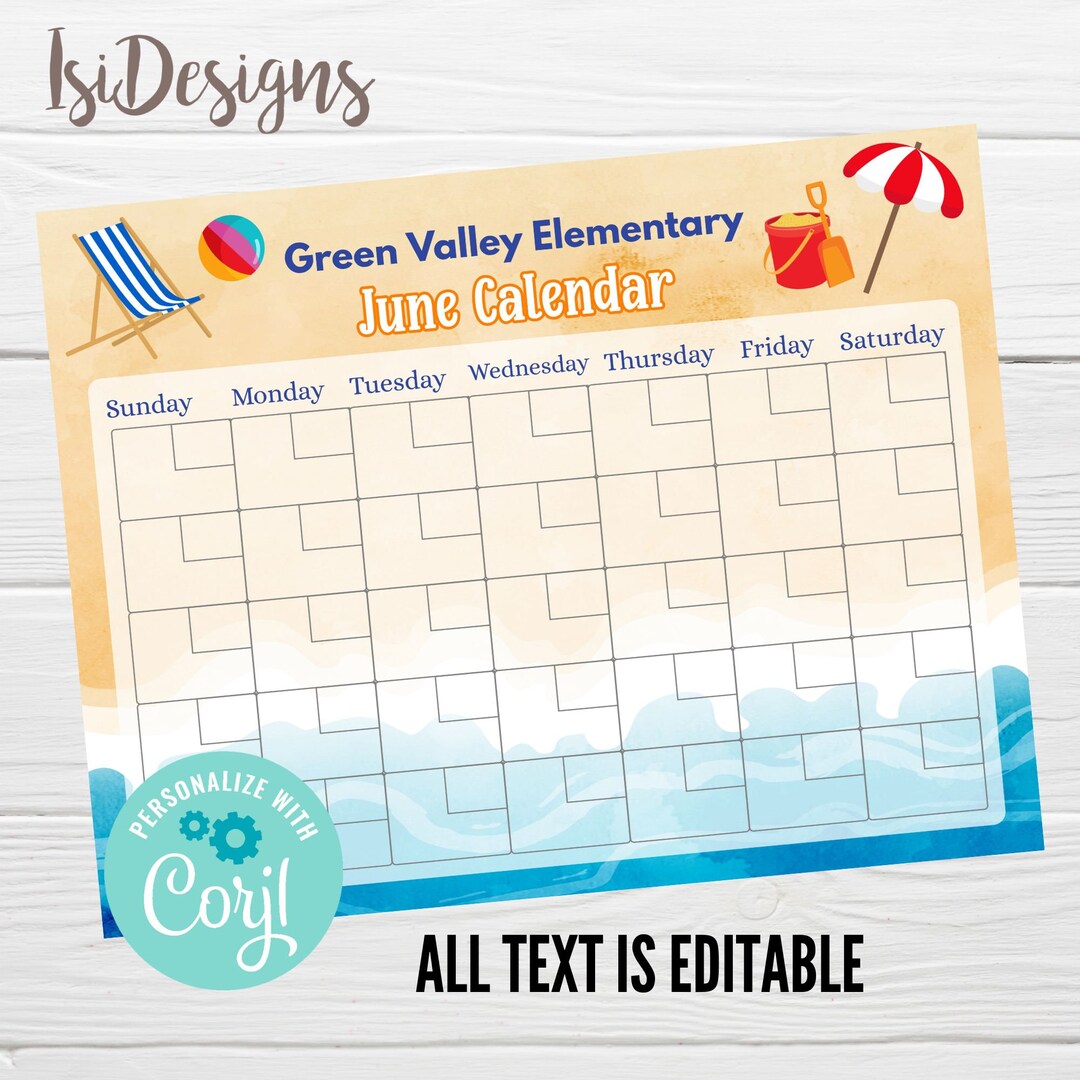 Monthly Calendar Template, Instant Download, June Schedule, PTO PTA ...