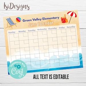 Puede incluir: Un calendario de junio imprimible con temática de playa. El calendario tiene un fondo azul claro con olas blancas y un área de arena amarilla. El texto "Green Valley Elementary June Calendar" está en la parte superior del calendario. Los días de la semana están listados en la parte superior del calendario, y los números de los días están en cuadros debajo. Hay ilustraciones con temática de playa en el calendario, incluyendo una silla de playa, una pelota de playa, un cubo y una pala, y una sombrilla.