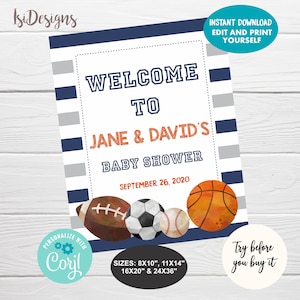 Sports Baby Shower Welcome Sign, Editable Sports Themed Baby Shower Personalized Sign, Football Soccer Basketball Baseball Baby Shower