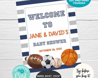 Cartello di benvenuto per baby shower sportivo, cartello personalizzato modificabile per baby shower a tema sportivo, baby shower a tema calcio, basket e baseball