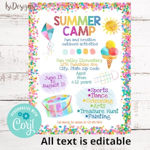 Sommercamp-Flyer, Editierbare Vorlage für Sommeraktivitäten, Sommerfest-Poster, Sofortiger Download, Sommereinladung für Kindertagesstätten