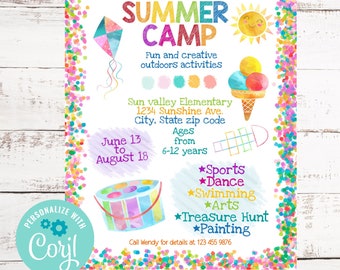 Sommercamp-Flyer, Editierbare Vorlage für Sommeraktivitäten, Sommerfest-Poster, Sofortiger Download, Sommereinladung für Kindertagesstätten