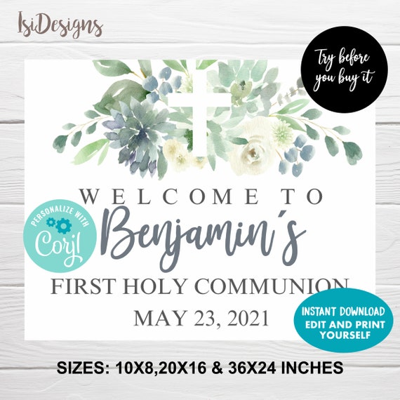 Editable First Communion Sign, Greenery First Communion
