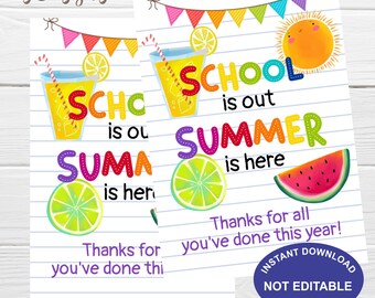 School Is Out Summer Is Here, Teacher Printable Thank You Tag, Beach Towel Tote Bag Gift Tag, End of School, Teacher Appreciation Favor Tag