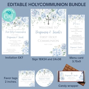 Puede incluir: Un paquete editable de Primera Comunión con invitaciones, un letrero de bienvenida, tarjetas de menú, etiquetas de recuerdo y envoltorios de caramelos. Diseños con acentos florales azules y el texto "Primera Comunión" con los nombres "Benjamin & Sarah."