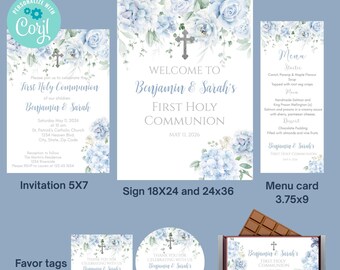 Editable First Holy Communion Bundle, Blue Floral Communion Invitation Template, Welcome Sign, Menu Card, Favor Tags, Candy Wrapper
