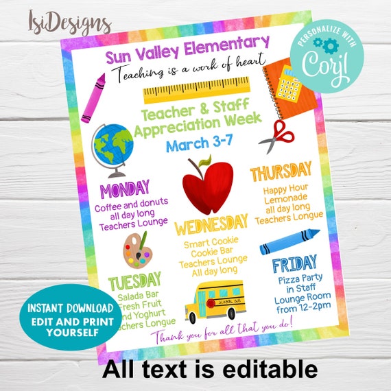 Editable Teacher Appreciation Week Flyer, Appreciation Week Schedule