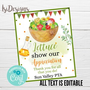Lettuce Show Our Appreciation Editable Sign, Salad Bar Appreciation Sign, School PTA PTO Staff Nurse Employee Volunteer Luncheon Sign