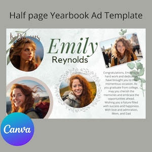 Puede incluir: Una plantilla de anuncio para anuario con un diseño floral verde y blanco. El anuncio presenta una foto de Emily Reynolds y el texto "¡Felicidades, Emily! Tu arduo trabajo y dedicación te han llevado a esta ocasión memorable. Al graduarte de la universidad, que puedas atesorar los recuerdos y abrazar las oportunidades que se te presentan. Te deseamos un futuro lleno de éxito y felicidad. Con amor y admiración, Mamá y Papá."