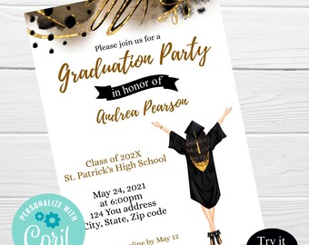 Graduation Invitation, Editable College Graduation Announcement, High School Grad Party Invites, Instant Download, Black and Gold Invite
