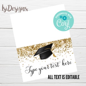 Etichette alimentari modificabili per la laurea, decorazioni per la festa di laurea, segnaposti per feste di laurea, biglietti per tende alimentari con coriandoli glitter dorati, biglietti per buffet per feste