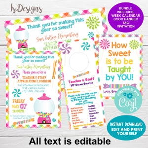Puede incluir: Un paquete de agradecimiento para profesores imprimible con temática de dulces. El paquete incluye un colgador de puerta, un calendario y una invitación. El texto de la invitación dice "How Sweet is to be Taught by You!" y "Personalizar con Coril".