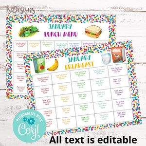Menu scolaire mensuel modifiable, menu familial du planificateur de repas, calendrier des menus pour les enfants, téléchargement instantané, menu imprimable du déjeuner et du petit-déjeuner