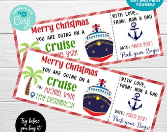 Op de afbeelding: Twee cruise ticket ontwerpen met rood-witte gestreepte randen. De tickets luiden "Vrolijk Kerstfeest, Je gaat op cruise" met een cruiseschip afbeelding. Tekst bevat "Pak je koffers!" en "Alle tekst is bewerkbaar."