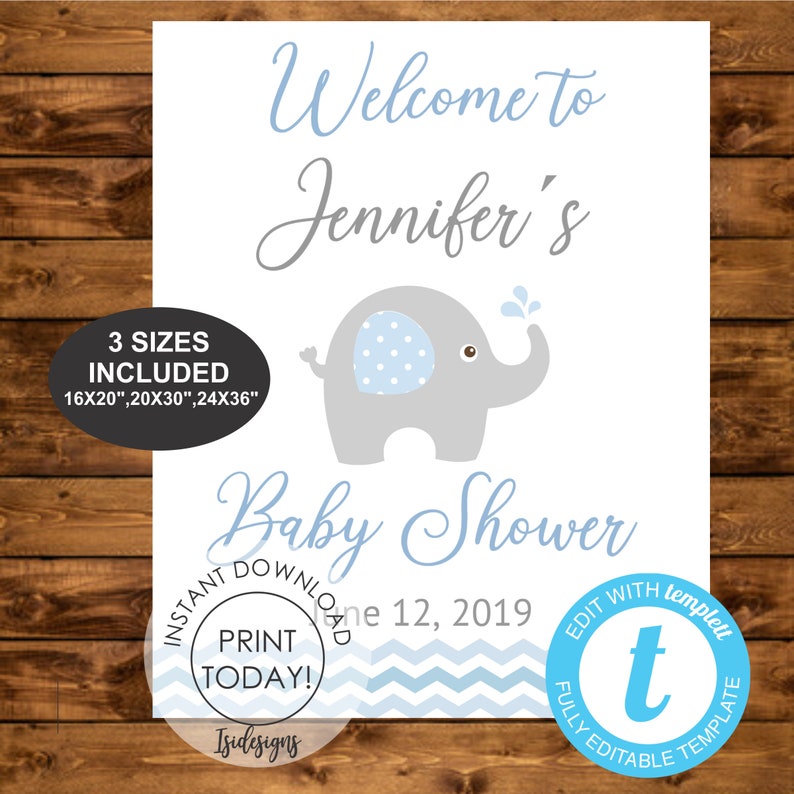 printable baby shower decoration baby blue elephant editable sign INSTANT DOWNLOAD Blue elephant editable welcome sign