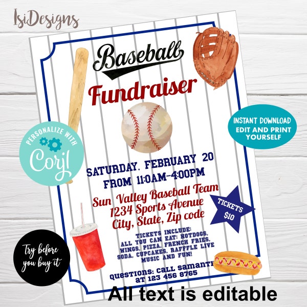 Baseball Fundraiser Editable Flyer, School Benefit  Poster, Instant Download, Fundraiser Event, Baseball Trails Flyer