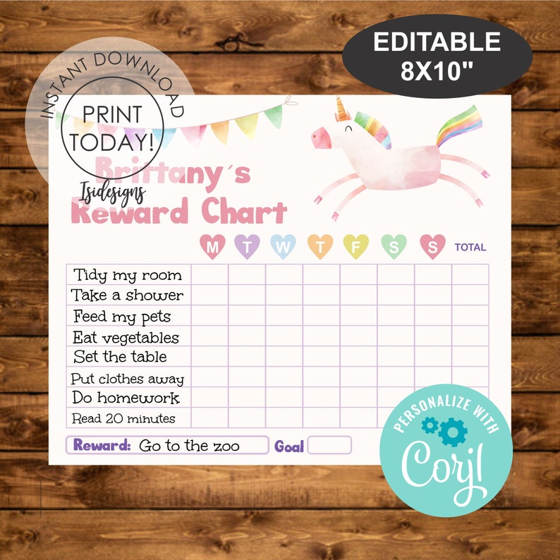 unicorn editable reward chart instant download etsy
