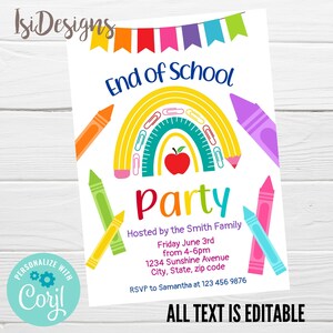 End of School Party Editable Invitation, Schools Out Party Invite, School&#39;s Out Instant Download, Preschool Graduation Invitation Template