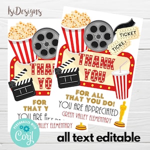 Movie Appreciation Gift Tags, Hollywood Themed Teacher Week Employee Nurse Hospital Staff, VIP Thank you editable tags, Movie Gift Tags