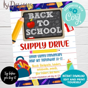 EDITABLE Back to School Supply Drive Flyer, Printable PTA PTO Flyer, School Supplies Fundraiser Poster, Instant Download