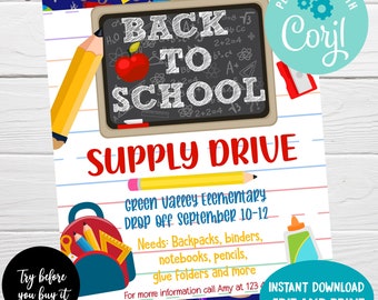 EDITABLE Back to School Supply Drive Flyer, Printable PTA PTO Flyer, School Supplies Fundraiser Poster, Instant Download