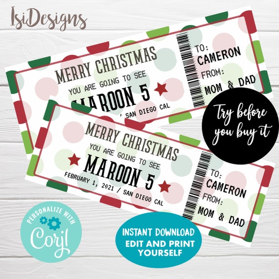 Surprise Concert Ticket, Christmas Gift, Editable Performance Gift ...
