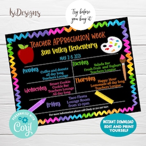 Editable Teacher Appreciation Week Flyer, Instant Download, Week Schedule Events, Template for Teacher Appreciation