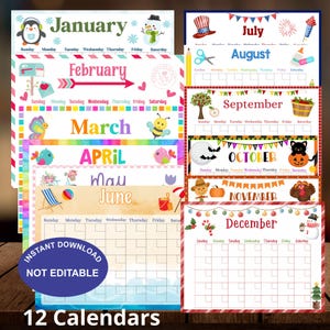 Printable Kids Calendar | Homeschool Calendar | Daycare Schedule Template | Classroom Calendar Decor | 12 Undated Monthly Planner for Kids