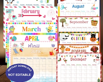 Printable Kids Calendar | Homeschool Calendar | Daycare Schedule Template | Classroom Calendar Decor | 12 Undated Monthly Planner for Kids