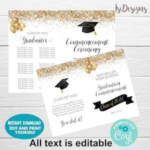 Könnte beinhalten: Eine druckbare Abschlussfeier-Ankündigung mit goldenem Glitzer-Hintergrund. Der Text lautet "Klasse von 2022 Absolventen" und "Abschlussfeier". Die Vorlage ist anpassbar mit den Namen der Absolventen und dem Namen der Schule.