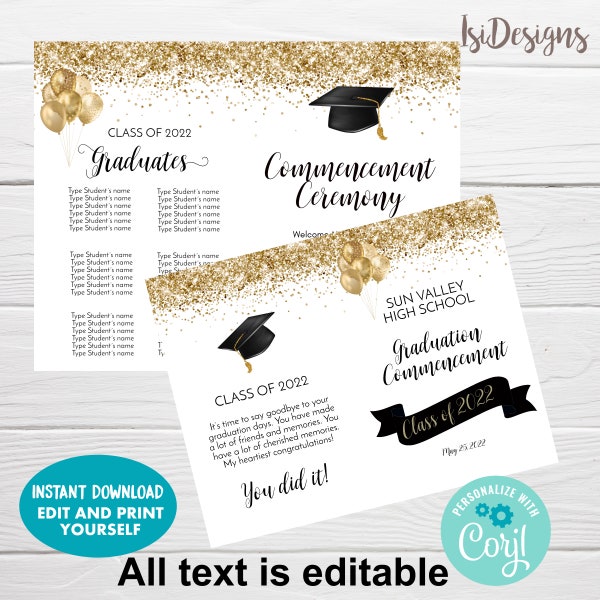 Graduation Ceremony Editable Program, Black and Gold High School Graduation, Commencement College Graduation, Order of Events Template