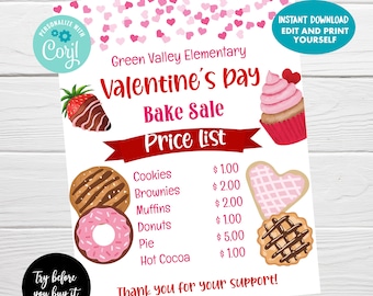 Liste de prix modifiable pour la vente de pâtisseries de la Saint-Valentin, panneau de vente de pâtisseries à téléchargement instantané, modèle d’événement de collecte de fonds communautaire de l’église scolaire