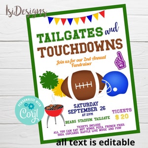 Puede incluir: Una invitación verde y blanca para un evento de fiesta previa al partido y touchdown. La invitación presenta un balón de fútbol, un casco de fútbol, una parrilla y un pompón de animadora. El texto de la invitación dice "Tailgates and Touchdowns", "Join us for our 2nd Annual Fundraiser", "Saturday September 26 at 2PM", "Bears Stadium Tailgate", "Tickets 20€", "Tickets include all you can eat: hot wings, pizza, french fries, soda, cupcakes, raffle live music and fun!" and "all text is editable".