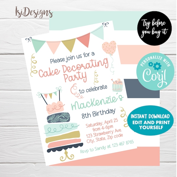 Cake Decorating Birthday Invitation, Editable Girl Birthday Party Invitation, Instant Download, Coral and Mint Invite