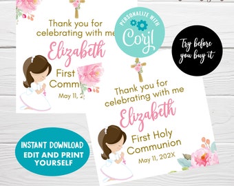 First Holy Communion Favor Tags, Editable Praying Girl Communion Gift Tags, Etiqueta Recuerdo Comunión, Instant Download