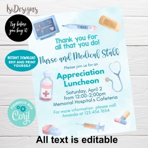 Nurse and Medical Staff Appreciation Luncheon Invitation, Editable Appreciation Flyer Template, Instant Download