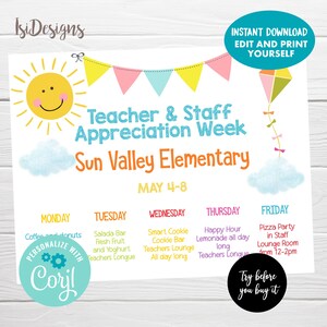 Teacher & Staff Appreciation Flyer, Instant Download, Editable Appreciation Week Schedule, Sunshine Events Template