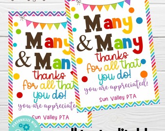 Op de afbeelding: Twee afdrukbare borden met een kleurrijke chevronrand en een vlaggenlijn. De tekst op de borden luidt "Many & Many thanks for all that you do! You are appreciated! Sun Valley PTA". De tekst is bewerkbaar.