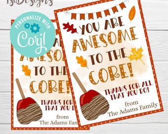 Apple Appreciation Editable Gift Tags, You Are Awesome to the Core, School PTA PTO Teacher Nurse Staff Employee Fall Apple Gift Tag