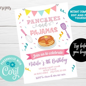May include: A printable invitation for a child's birthday party. The invitation features a pink and yellow color scheme with illustrations of pancakes, pajamas, and a whisk. The text reads "Pancakes and Pajamas" and "Join us to celebrate Natalie's 8th Birthday".