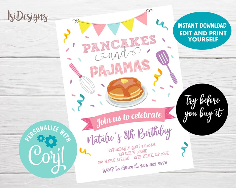 May include: A printable invitation for a child's birthday party. The invitation features a pink and yellow color scheme with illustrations of pancakes, pajamas, and a whisk. The text reads "Pancakes and Pajamas" and "Join us to celebrate Natalie's 8th Birthday".