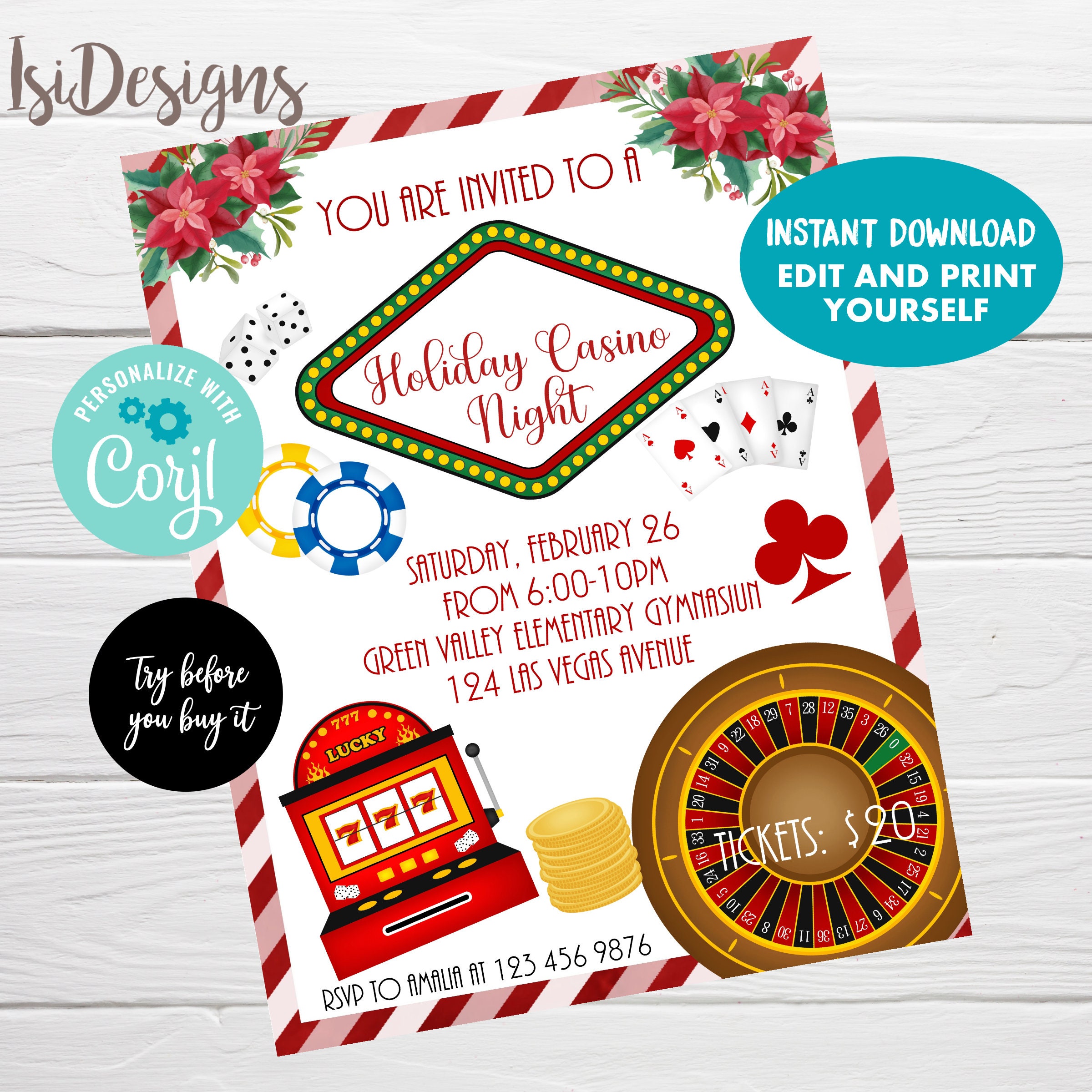 Holiday Casino Night Editable Flyer Christmas School Event | Etsy ...