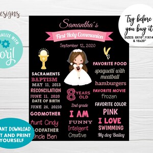 Girl First Communion editable chalkboard poster, Holy Communion sign, girl communion decoration